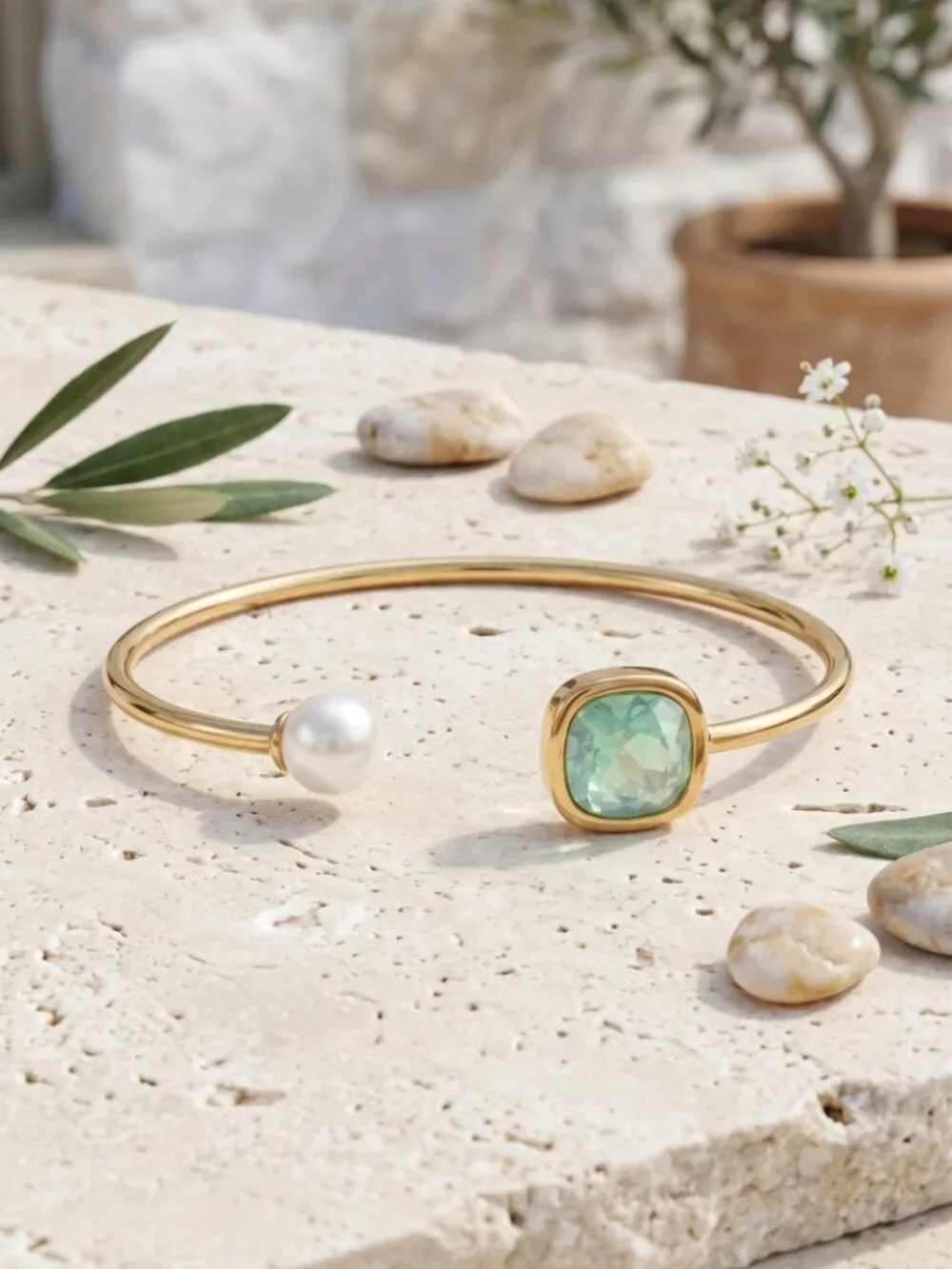 18K Gold Plated SS Pearl Green Crystal Open Cuff Bracelet Set Adj Mediterranean